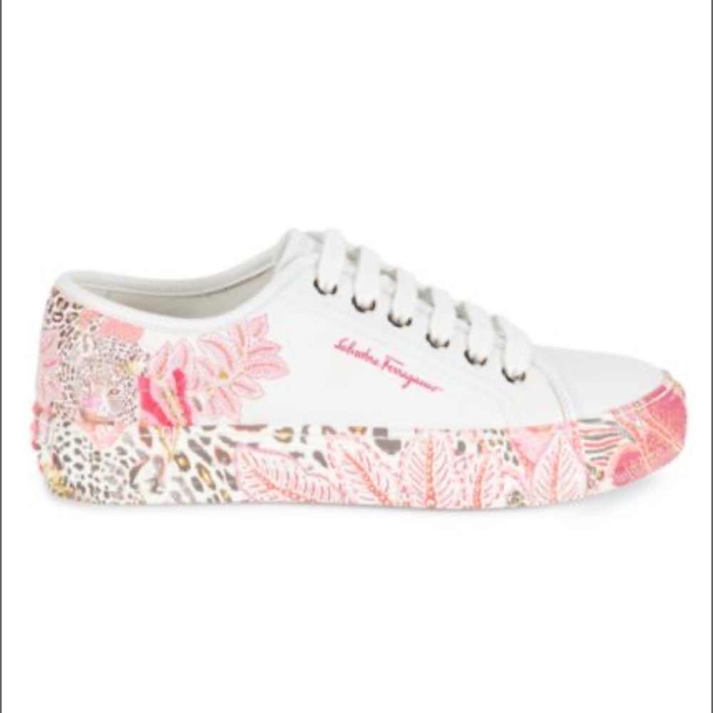 Salvatore Ferragamo White and Pink Floral Sneakers